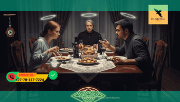 Tense family dinner or couple arguing while older woman watches Spiritual protection against jealous mother-in-law destroying marriage.