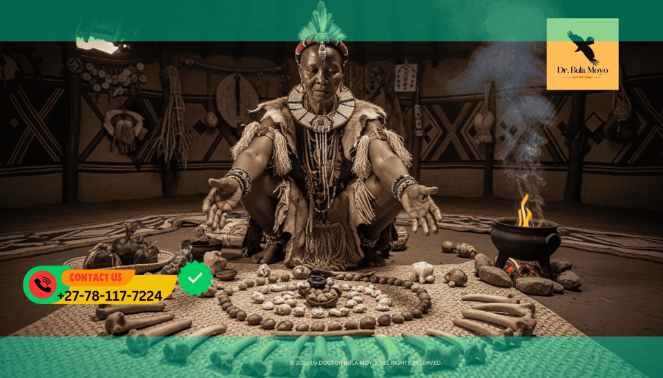 Traditional African Sangoma throwing bones to read the future and ancestral messages.