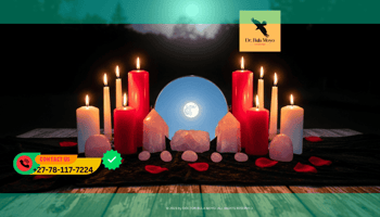 Twin flame attraction ritual setup with red and white candles, rose quartz, and mirror under moonlight.