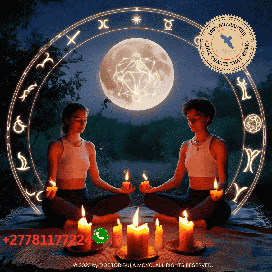 Twin flame ritual with burning candles and zodiac symbols under moonlight