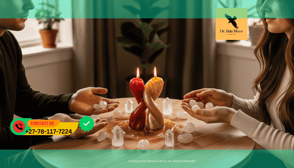 Twin flames performing candle ritual with honey, cinnamon, and crystals to balance love and money energy.