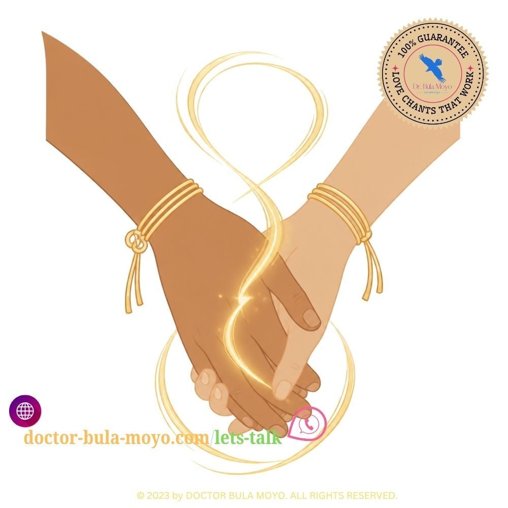 Two hands gently intertwined with soft golden light flowing between them, representing the energy connection and spiritual bond strengthened through traditional binding rituals