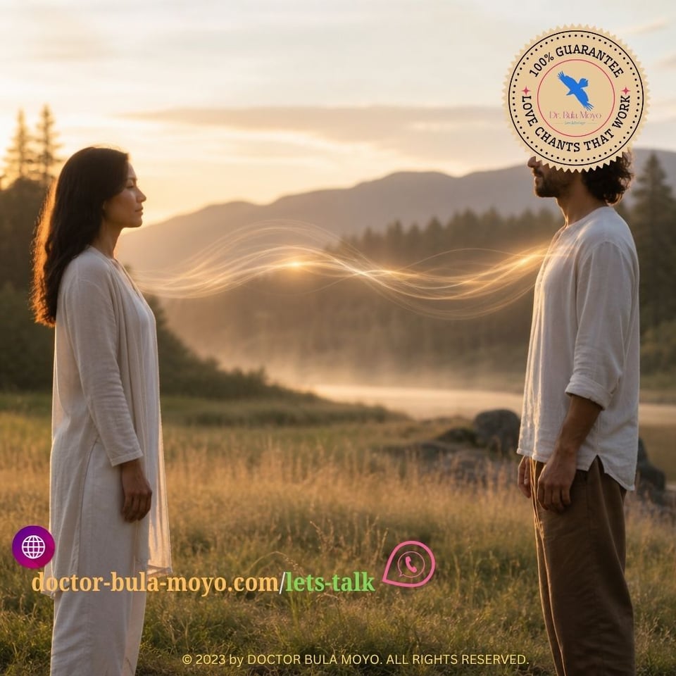 Two individuals standing on opposite sides of a calm natural setting, connected by a gentle glowing energy field that flows naturally between them, representing ethical spiritual alignment and hea