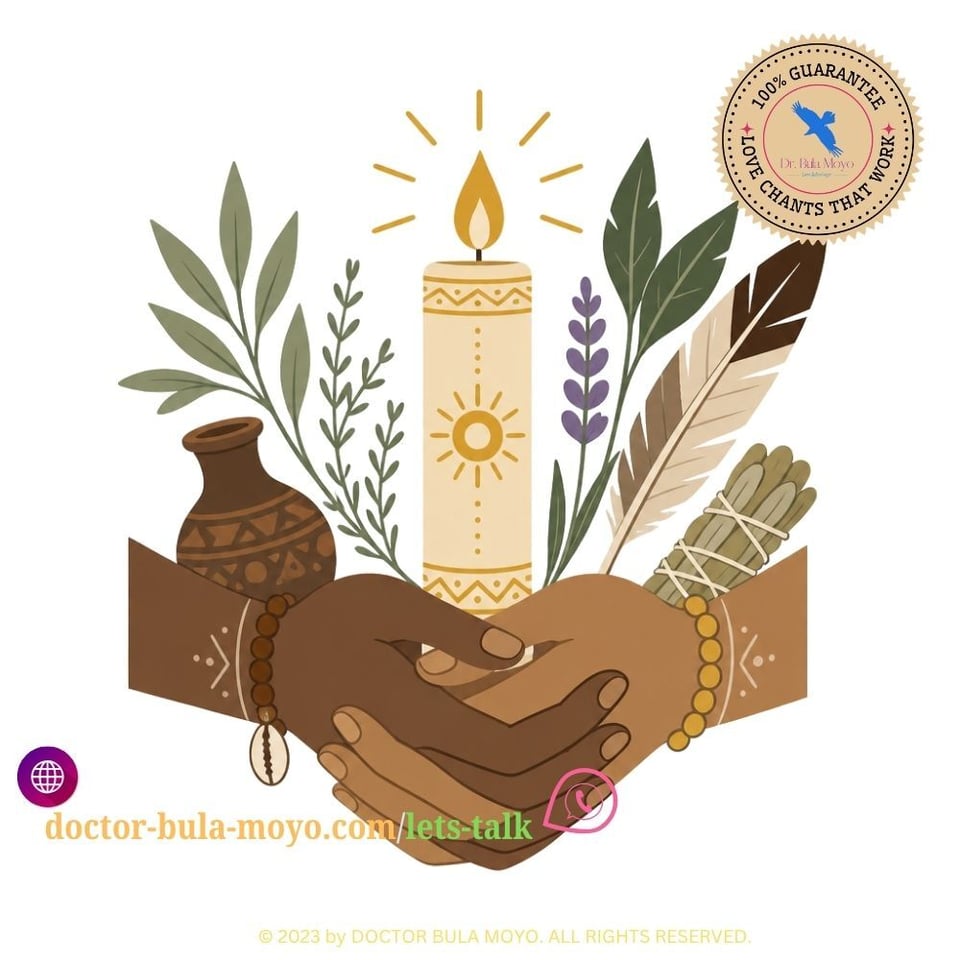 Two intertwined hands gently holding a glowing ceremonial candle surrounded by traditional herbs and spiritual elements, symbolizing the strengthening of emotional bonds through ancestral practice