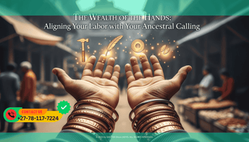 Two open palms facing upward, with glowing golden symbols appearing above them—a hammer, a pen, a coin, and a seed. The hands are strong and adorned with copper bangles.