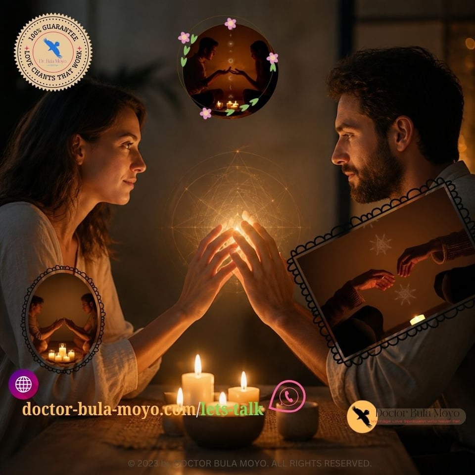 Two people sitting face to face in a warm candlelit setting, their hands gently reaching toward each other, surrounded by subtle spiritual symbols representing energy alignment and emotional conne