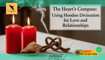 Two red candles burning side-by-side on a white cloth. In front of them, a Love Set consisting of a pink conch shell, two intertwined roots, and a Queen of Hearts playing card.