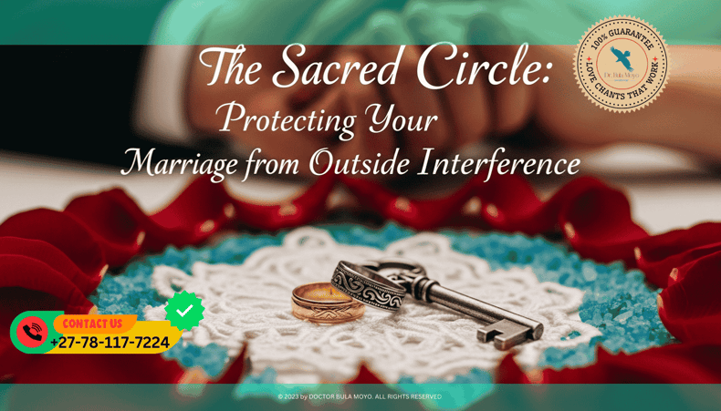 Two wedding rings resting on a piece of white lace, surrounded by a circle of red rose petals and blue sea salt. A silver key lies across the rings.