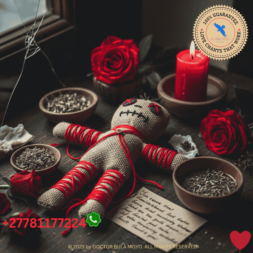 Voodoo doll with red string and offerings used in a love spell ritual