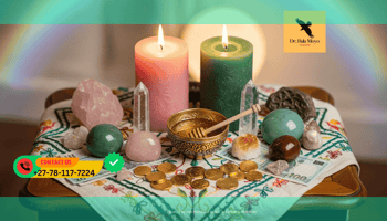 Wealth-Attracting Love Altar with pink and green candles, honey bowl, crystals, and coins arranged on a sacred cloth.