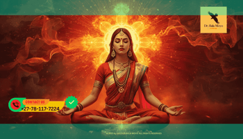 Woman meditating with red and gold aura symbolizing passion transformed into prosperity energy. (2)