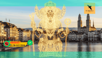 Zurich skyline or Bahnhofstrasse with a golden overlay Traditional healer for business luck and wealth protection in Zurich, Switzerland.