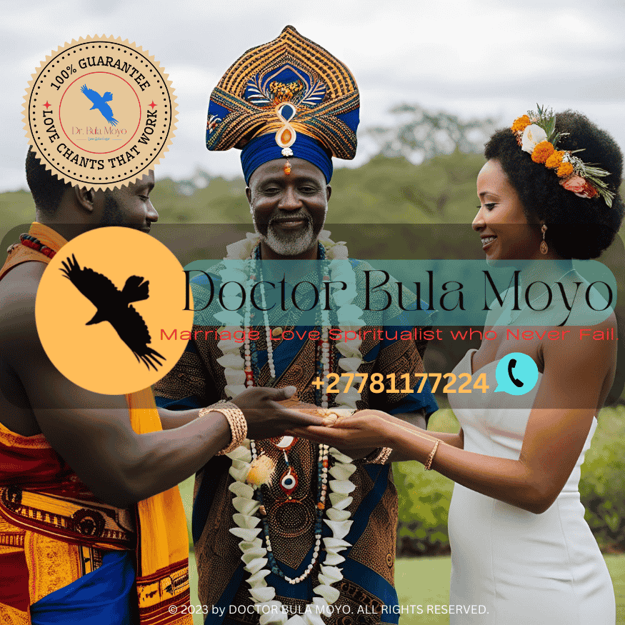 _African spiritual healer performing a wedding blessing ceremony to couples from USA.