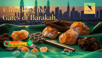 a golden key resting on a silk green cloth, surrounded by pieces of raw Citrine and Oudh wood, with a blurred background of a modern Middle Eastern skyline at sunset.