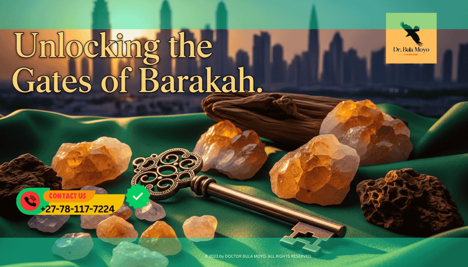 a golden key resting on a silk green cloth, surrounded by pieces of raw Citrine and Oudh wood, with a blurred background of a modern Middle Eastern skyline at sunset. Text overlay Unlocking the Ga