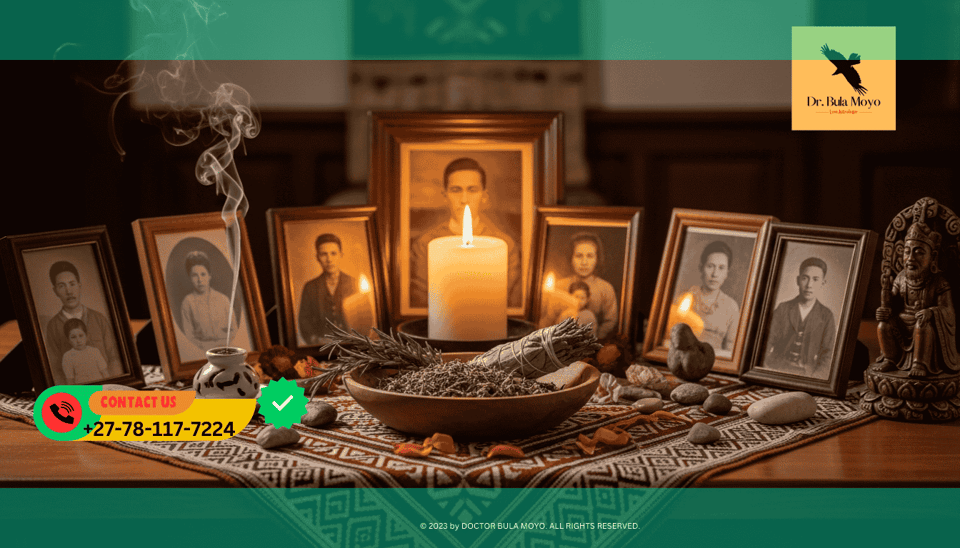 a serene ancestral altar adorned with various items symbolizing spirituality and connection to lineage.