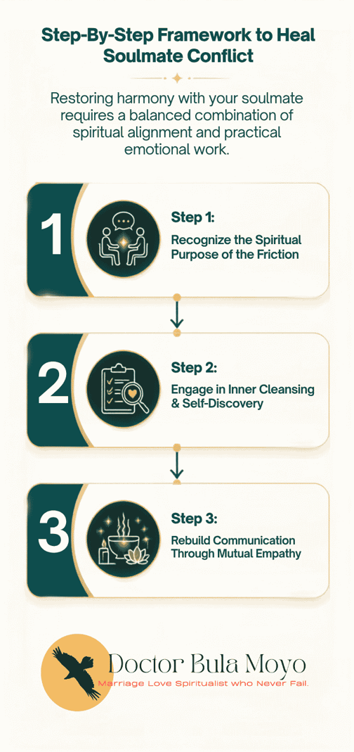 outlining a process to restore harmony through spiritual alignment and practical emotional work