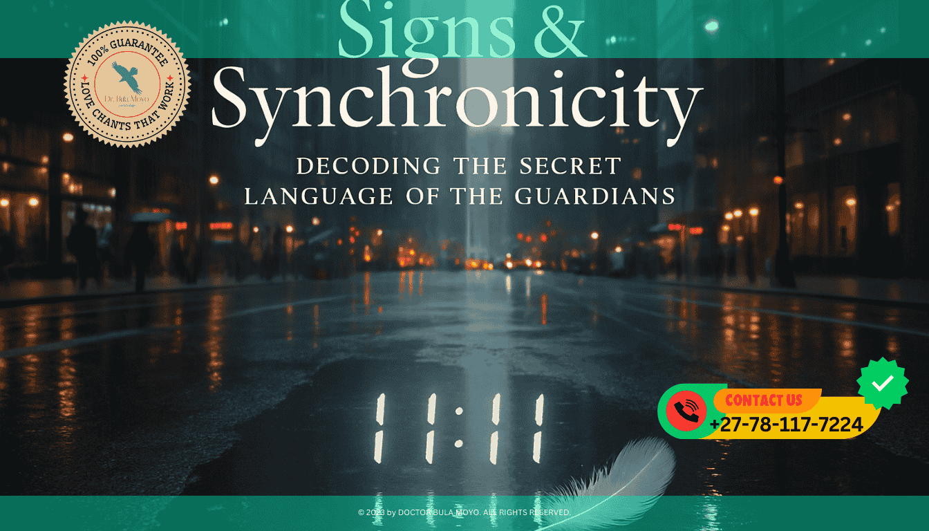 A bustling city street glistens under a light rain, with reflections shimmering in a puddle. The digital clock in the water displays 1111, adding a sense of mystique.