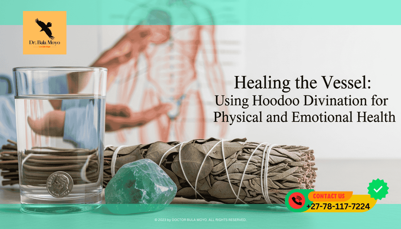 A calming scene of a bundle of dried Eucalyptus and Sage resting next to a piece of Green Fluorite. A glass of clear water with a silver dime at the bottom sits nearby.