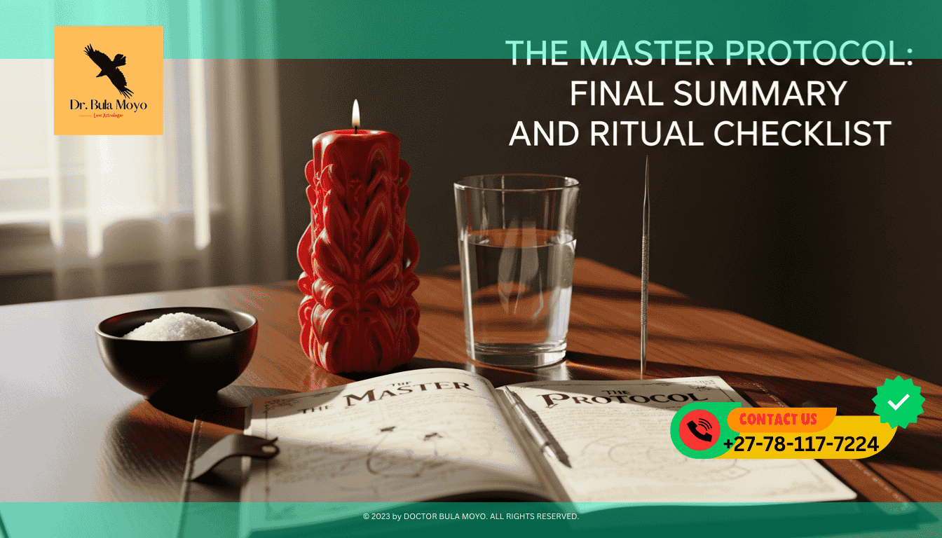 A clean, organized altar with all the essential tools a carved red candle, a bowl of salt, a glass of water, and a sharp carving needle.