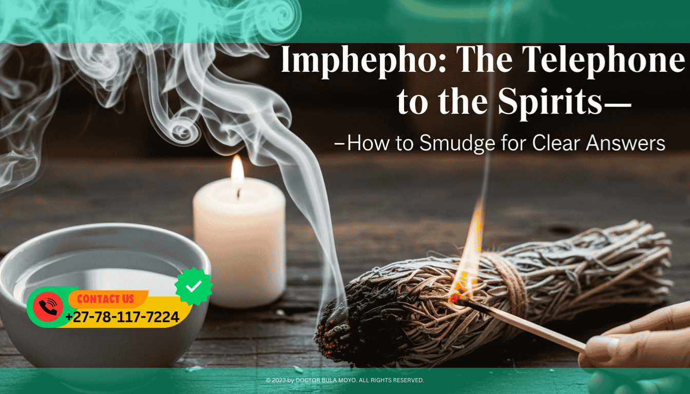 A close-up of a bundle of dried, grey-green Imphepho being lit by a match. Thick, white, velvety smoke is curling upward into the shape of a spiral.