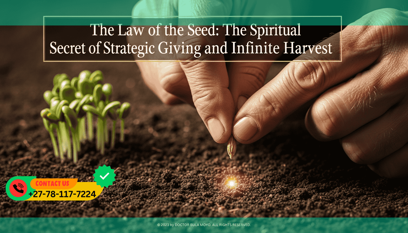 A close-up of a pair of weathered, wise hands dropping a single golden grain into dark, rich soil. Small green shoots are already starting to rise in the background.