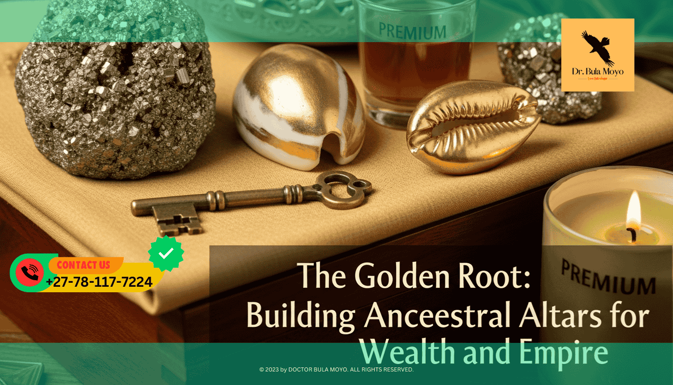 A close-up of a wealthy altar setup. A gold-colored cloth is draped over a mahogany box. On top sits a large, raw Pyrite cluster, a gold-painted Cowrie shell, and a vintage brass key.