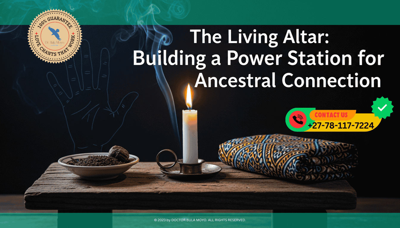 A close-up of a wooden altar with a glowing white candle, a bowl of snuff, and a piece of traditional fabric. Wisps of blue incense smoke curl into the air, forming the faint shape.
