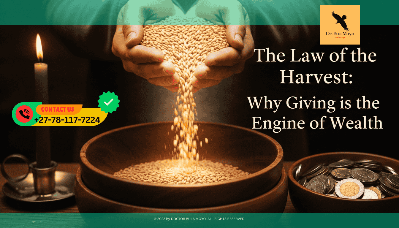 A close-up of hands pouring golden grain into a larger wooden bowl, with light emanating from the grain. In the background, a green candle and a bowl of coins are visible.