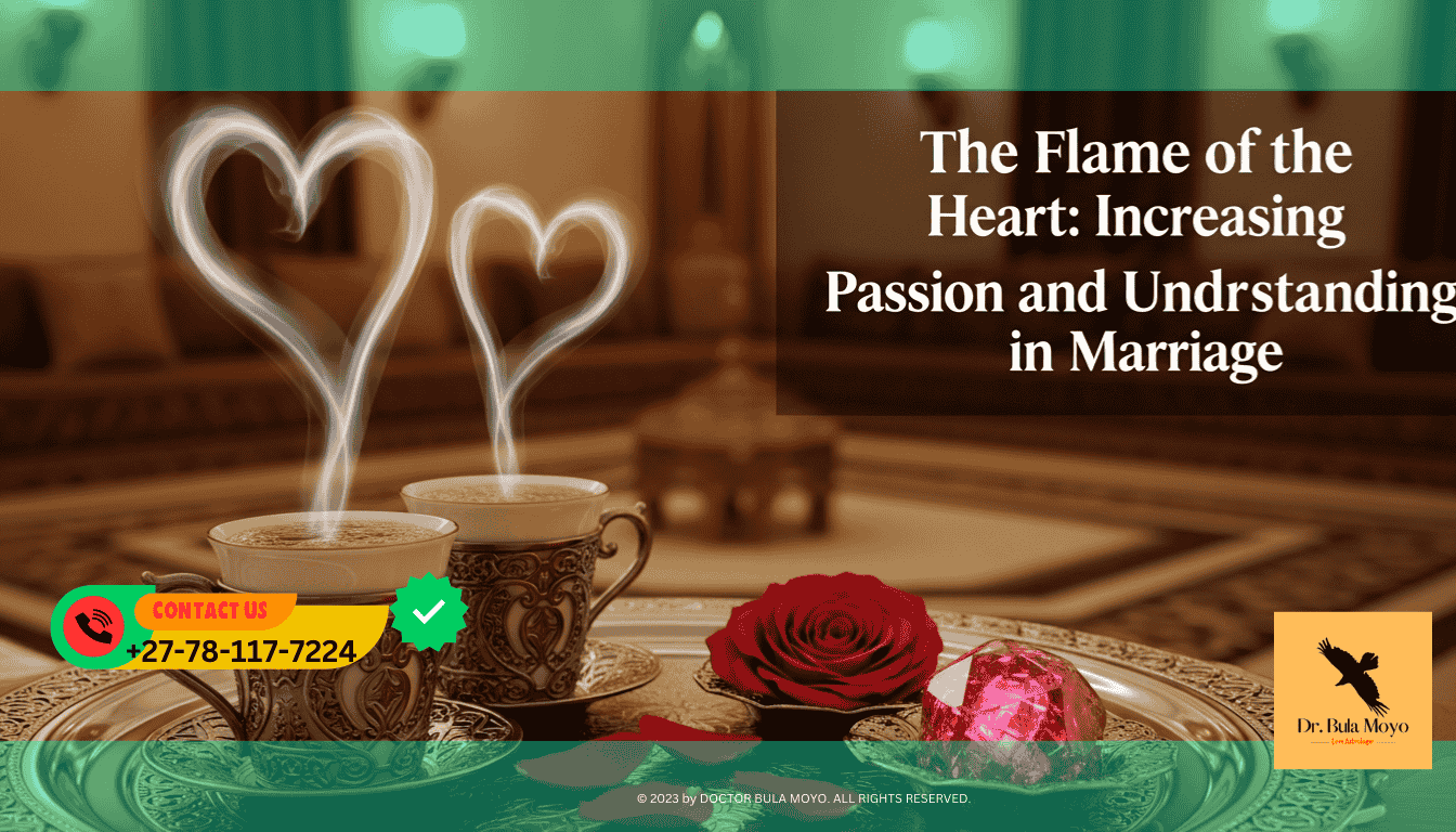 A close-up of two ornate Arabic coffee cups (Finjan) on a silver tray, with steam rising in the shape of a heart. Next to the cups sits a small dish of red rose petals and a glowing Garnet crystal