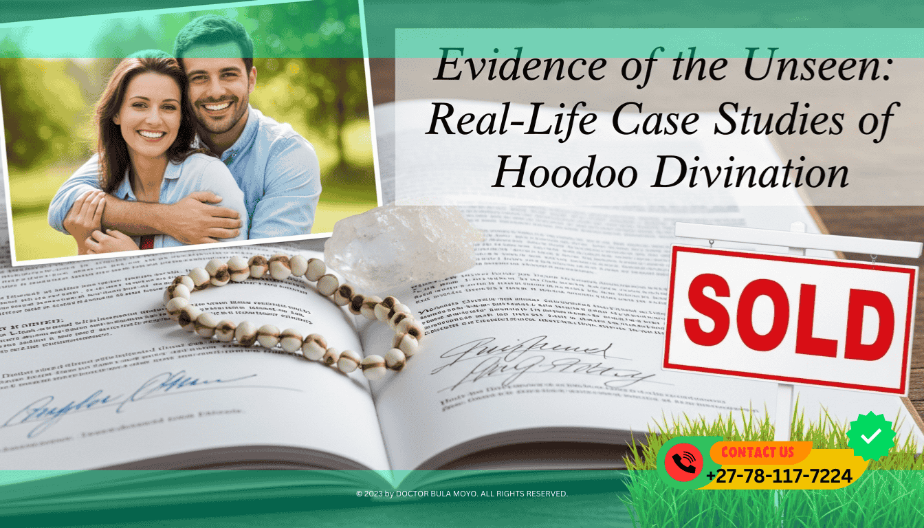 A collage of Success markers A signed legal document, a Sold sign on a house, and a photo of a happy couple, all resting under a string of Job’s Tears seeds and a clear Quartz crystal.