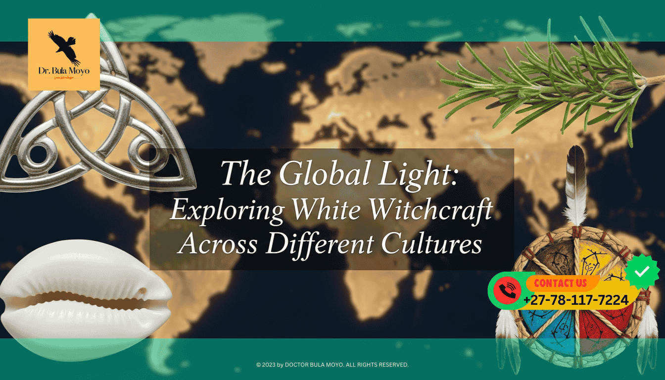 A collage of diverse spiritual symbols a silver Celtic knot, an African cowrie shell, a Native American medicine wheel, and a sprig of Mediterranean rosemary.