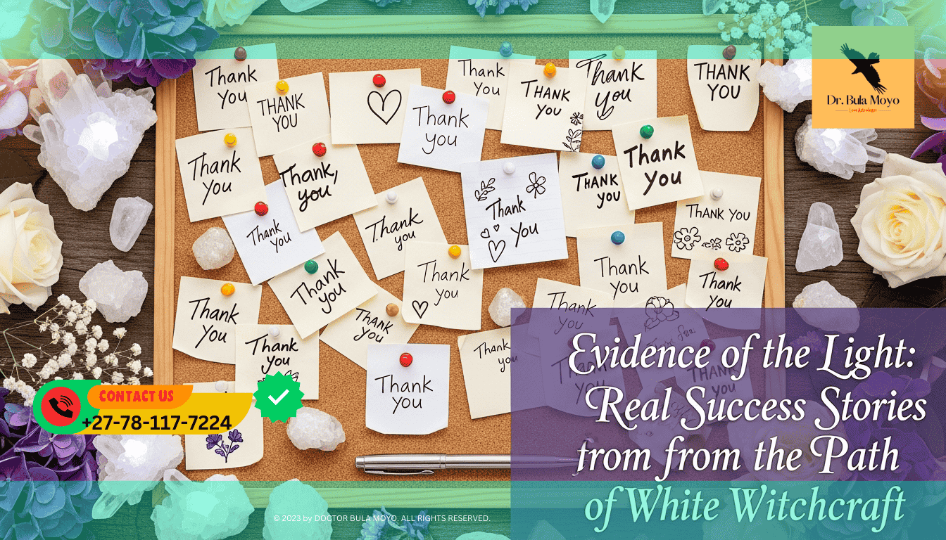 A collage of hand-written Thank You notes pinned to a corkboard, surrounded by fresh flowers and glowing white crystals.