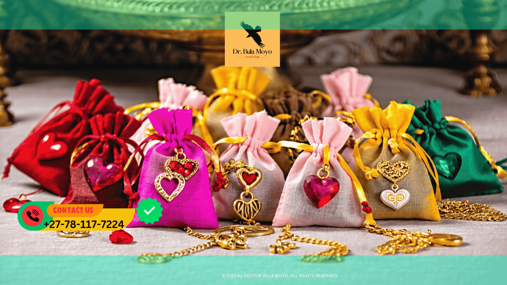A collection of love charms in red, pink, gold, and green pouches arranged on an altar. (1)