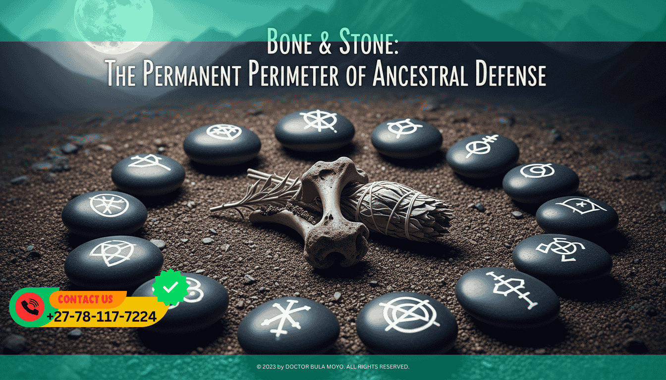 A collection of smooth, dark river stones arranged in a perfect circle around a piece of weathered bone and a sprig of dried sage. The stones are etched with ancient protective symbols.