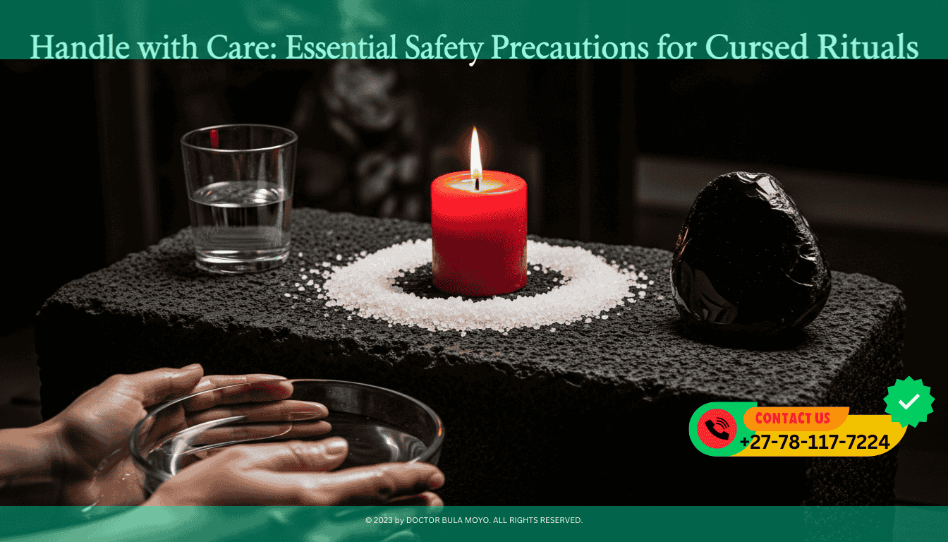 A dark altar where a red candle is burning inside a circle of thick white sea salt. A glass of clear water and a piece of black obsidian sit nearby.