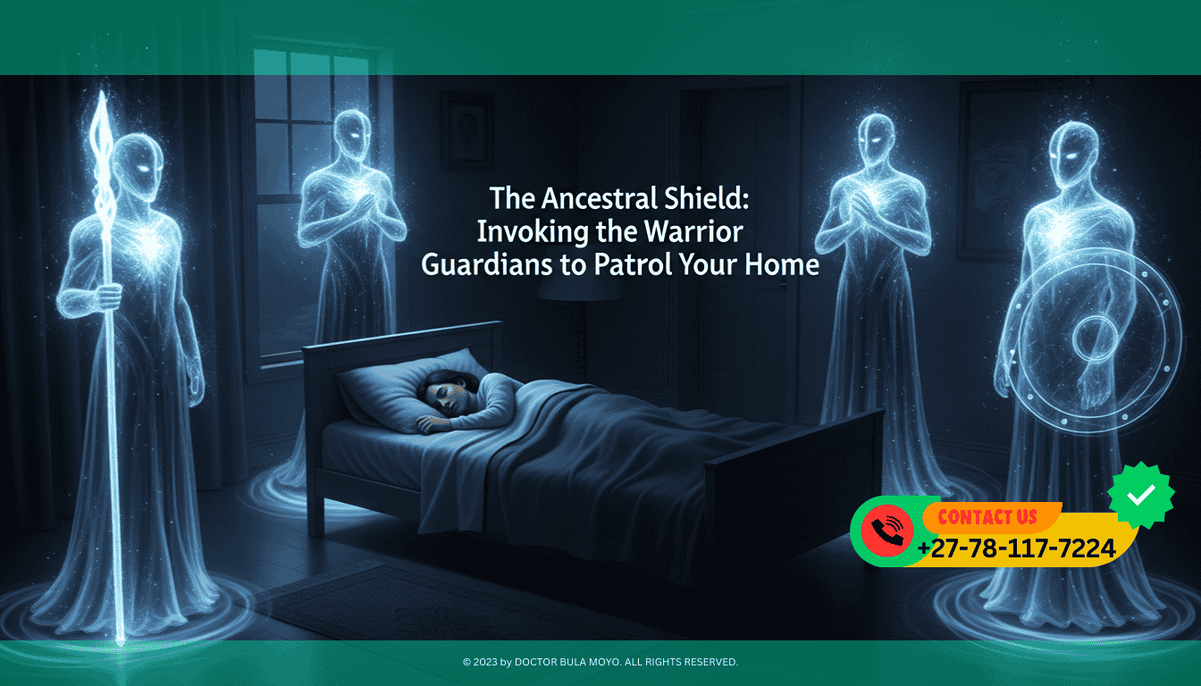 A dark room where a person is sleeping peacefully. At each of the four corners of the bed stands a tall, translucent figure made of blue and white light.