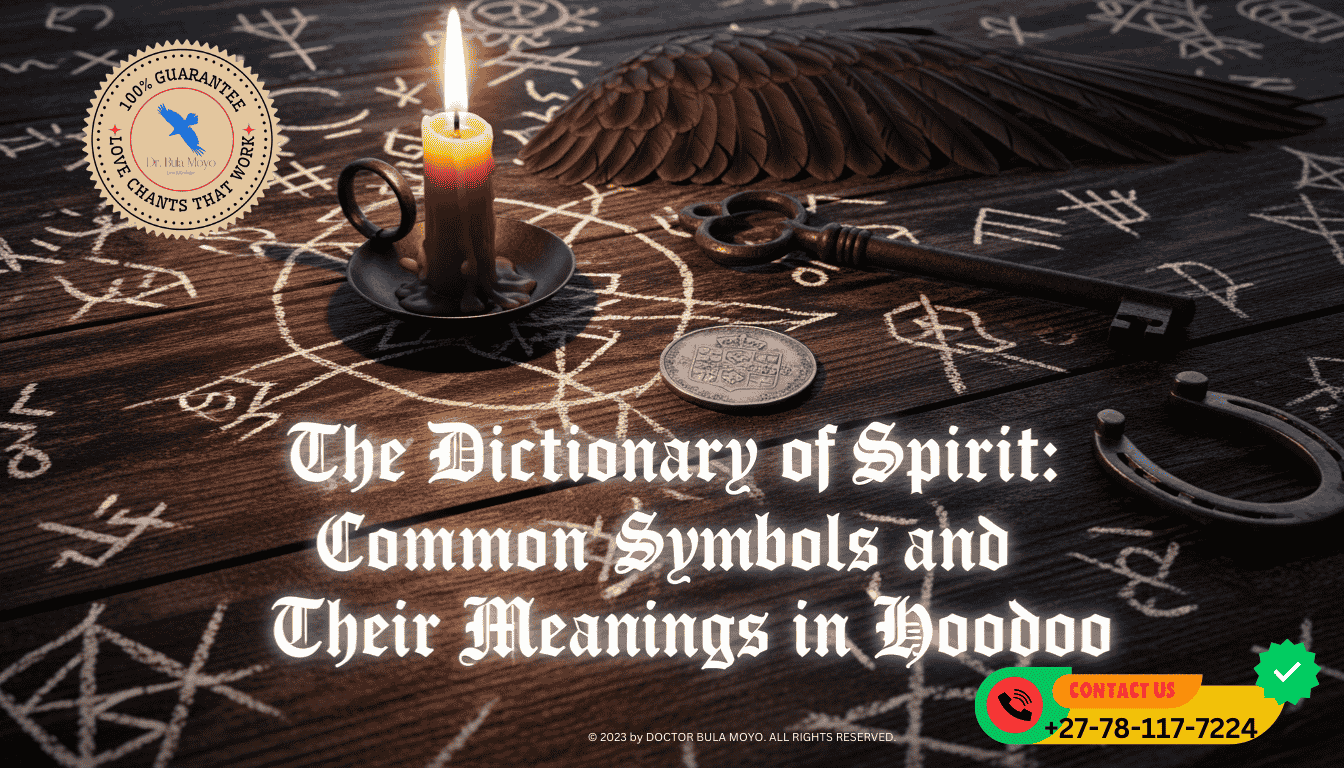 A dark wooden tabletop etched with mysterious chalk symbols. On the table lie various curios a rusted key, a silver coin, a bird’s wing, and a small horseshoe.