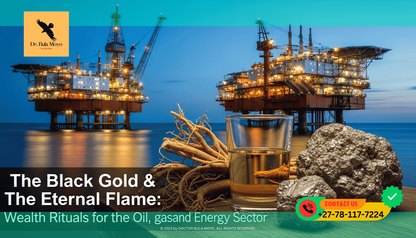 A dramatic shot of an offshore oil rig at twilight, its lights reflecting in the dark water. In the foreground, a glass of crude oil sits next to a heavy piece of Pyrite and a bunch of High John t