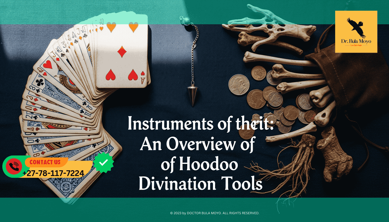 A flat-lay photograph on a dark indigo cloth. A worn deck of playing cards is spread out next to a small leather pouch spilling out bones, roots, and shiny coins.