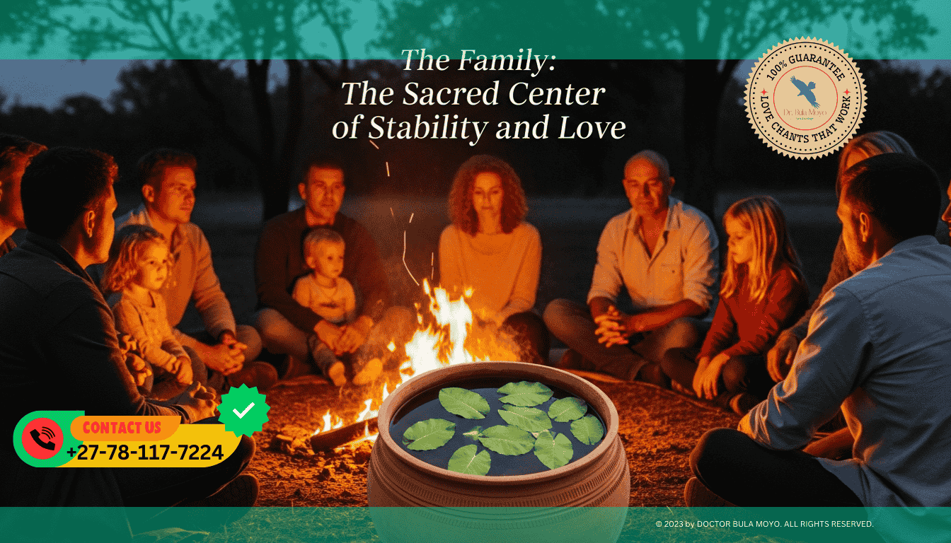 A group of diverse people sitting in a circle around a warm, glowing fire. In the center of the circle is a large clay pot (Ukhamba) filled with water and fresh green leaves.