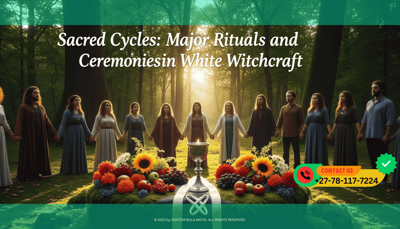 A group of people standing in a circle in a lush forest clearing at sunset, holding hands. In the center is a low stone altar covered in seasonal flowers and fruit.