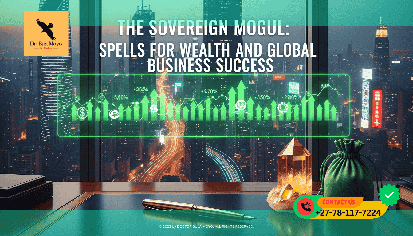 A high-end, executive office overlooking a futuristic city skyline. On a mahogany desk sits a gold-plated fountain pen, a piece of Citrine crystal, and a small, green silk mojo bag.