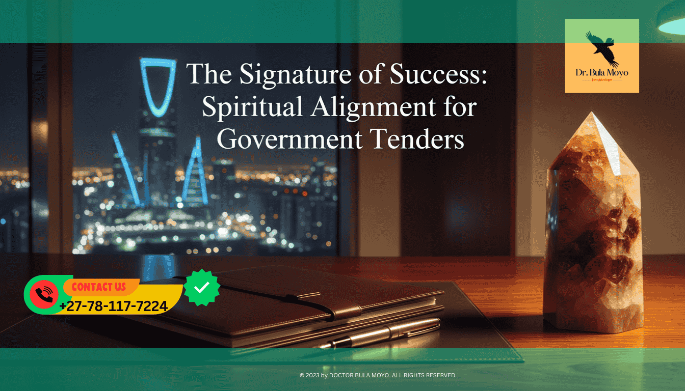 A high-end, minimalist office setting with a view of the Kingdom Centre in Riyadh at night. On a mahogany desk sits a closed leather contract folder, a luxury fountain pen, and a large, polished.