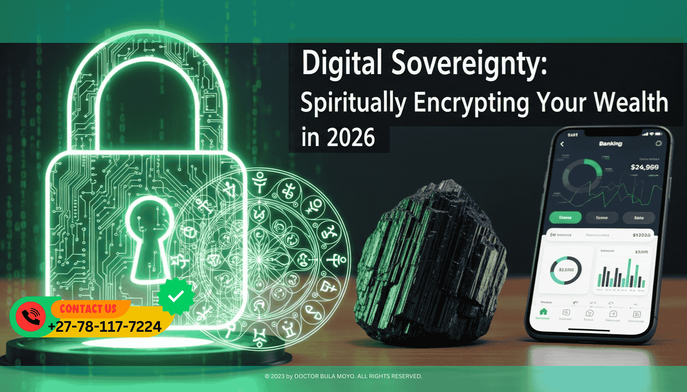 A high-tech digital lock icon glowing in neon green, overlaid with a protective spiritual seal (Sigil). A piece of Black Tourmaline sits next to a smartphone displaying a banking app.