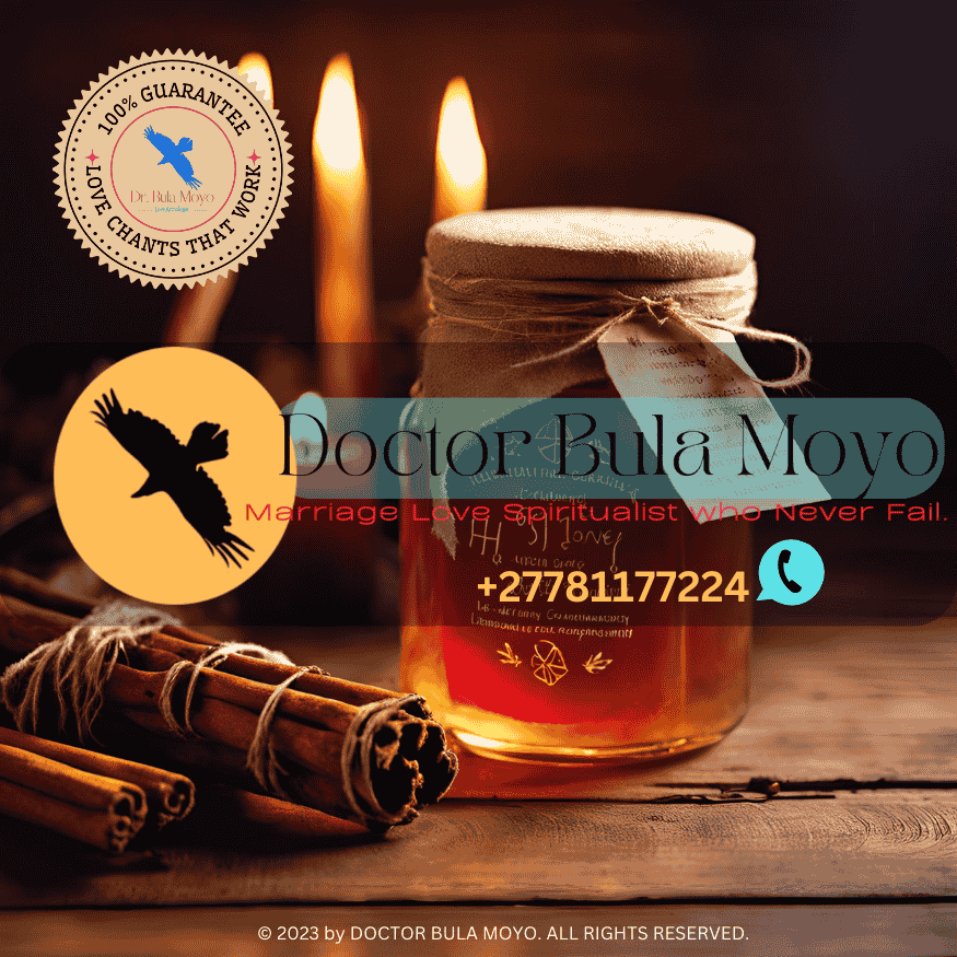 A honey jar spell setup with cinnamon, herbs, and candles.