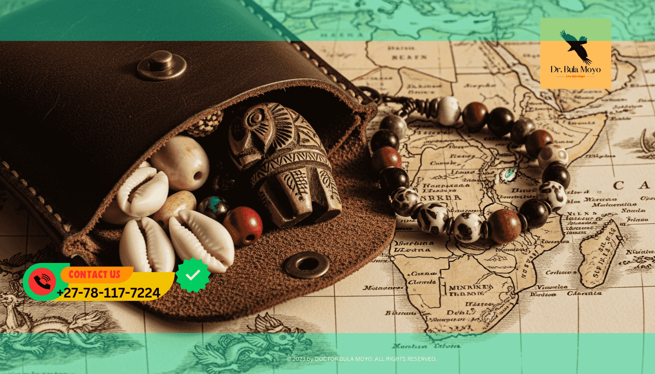 A leather pouch with beaded bracelet on a map For Traditional African protection charms for safe travel and business luck