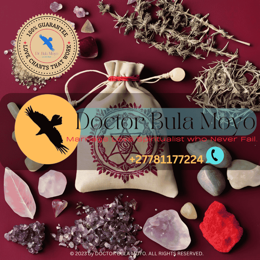 A love mojo bag with herbs, crystals, and sacred symbols.