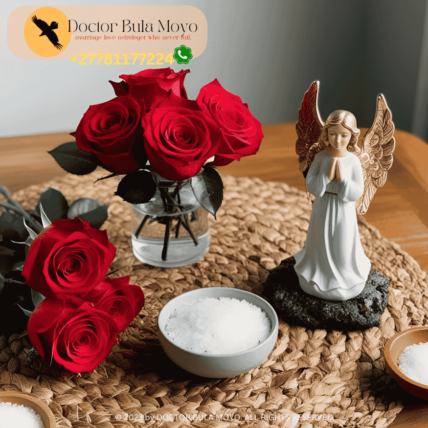 A love protection altar with roses, salt, and guardian angel figurine (1)