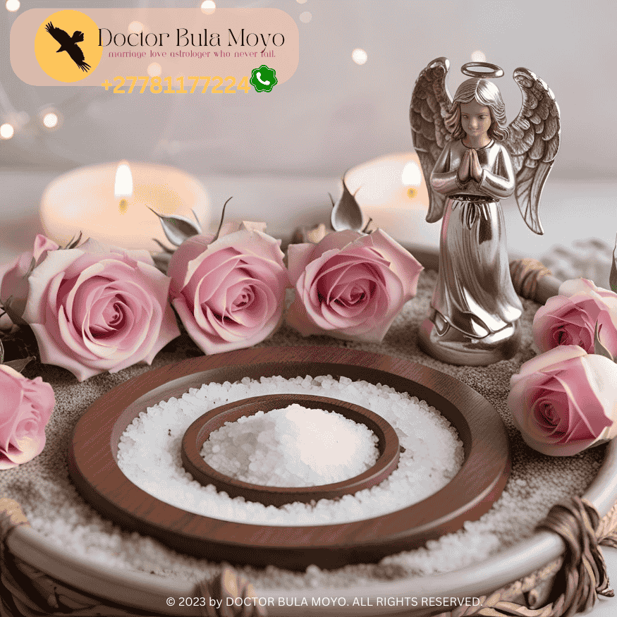 A love protection altar with roses, salt, and guardian angel figurine (2)